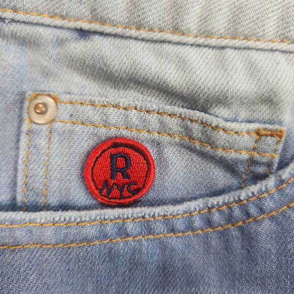 Womens  Blue Jean Skirt XL Patch Red Jeans NYC - Picture 3 of 10